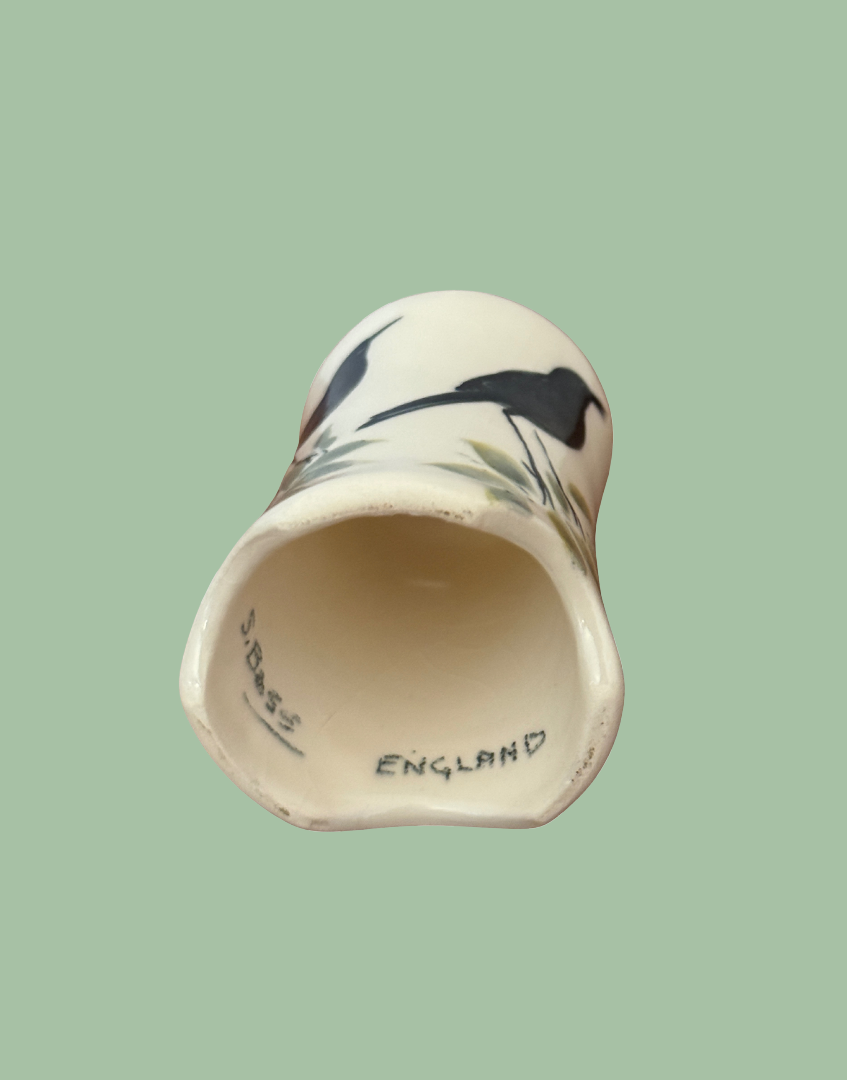 Underside of Stuart Bass Bell Shaped Pie Funnel with Blackbird & Green Foliage Makers Stamp