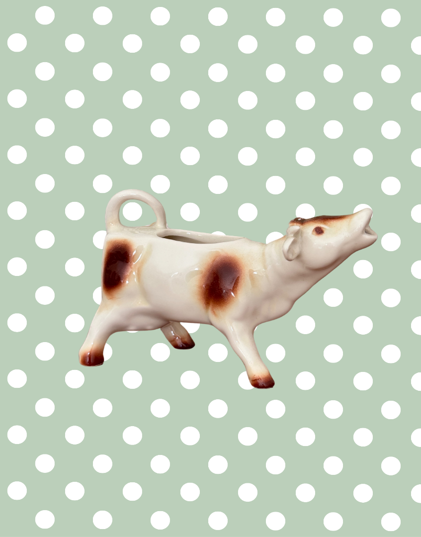 Large Mid-Century Cow Creamer with Brown Patchwork Design – Beautiful Characterful Cottagecore Vintage Piece