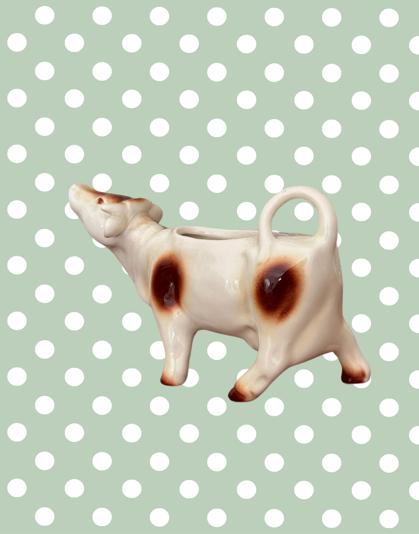 Large Mid-Century Cow Creamer with Brown Patchwork Design – Beautiful Characterful Cottagecore Vintage Piece