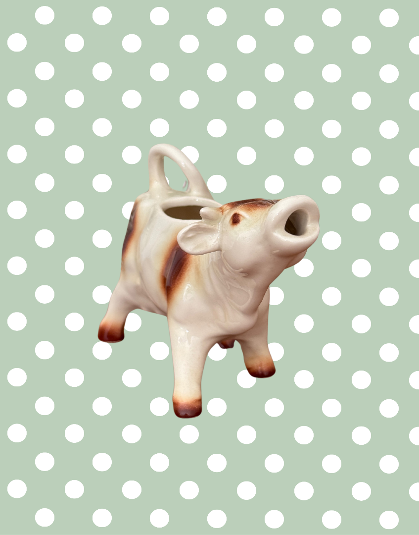 Large Mid-Century Cow Creamer with Brown Patchwork Design – Beautiful Characterful Cottagecore Vintage Piece