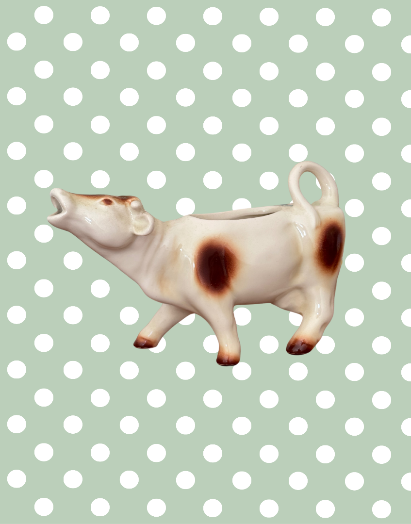 Large Mid-Century Cow Creamer with Brown Patchwork Design – Beautiful Characterful Cottagecore Vintage Piece