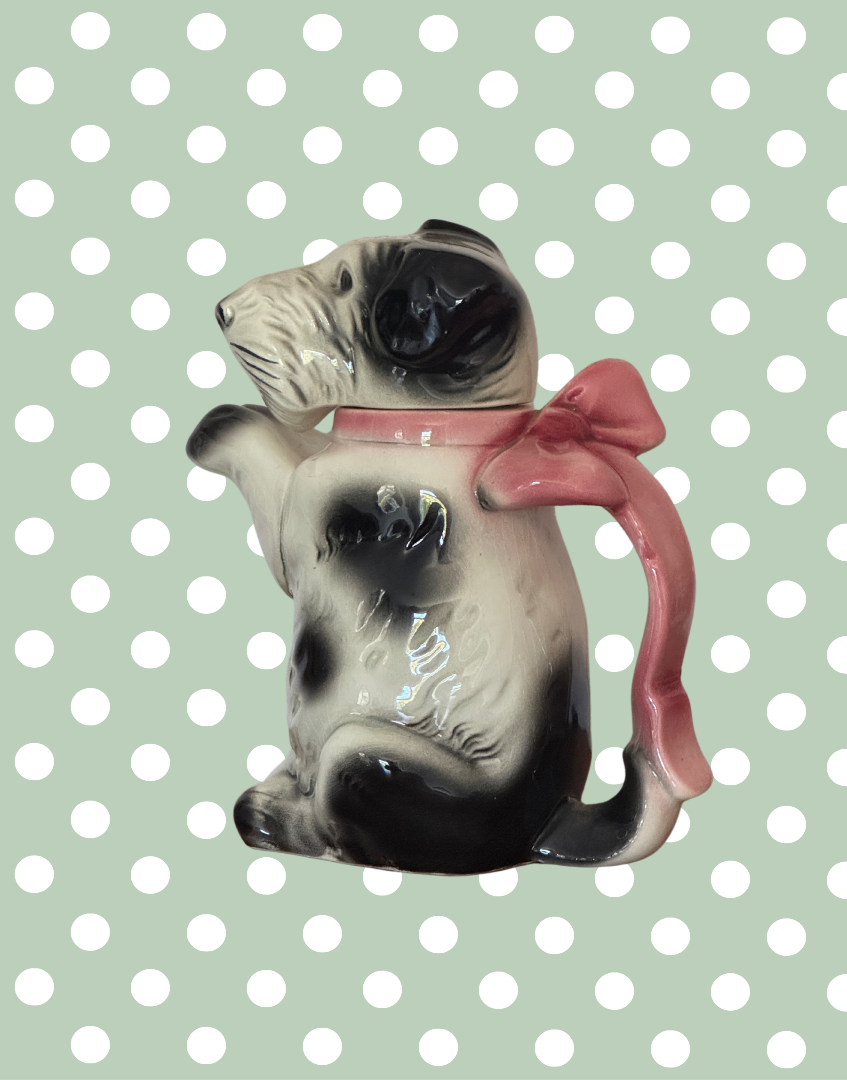 Enchanting Vintage Erphila Germany Dog 1940s Teapot | Highlt Collectable Black and White Scottie Terrier with Pink Bow