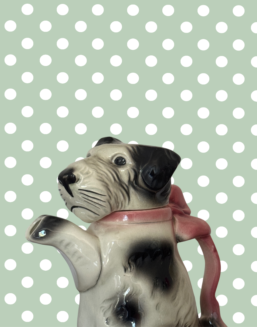 Enchanting Vintage Erphila Germany Dog 1940s Teapot | Highlt Collectable Black and White Scottie Terrier with Pink Bow