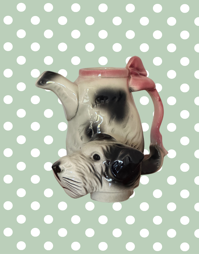 Enchanting Vintage Erphila Germany Dog 1940s Teapot | Highlt Collectable Black and White Scottie Terrier with Pink Bow
