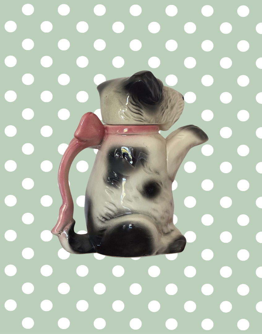 Enchanting Vintage Erphila Germany Dog 1940s Teapot | Highlt Collectable Black and White Scottie Terrier with Pink Bow