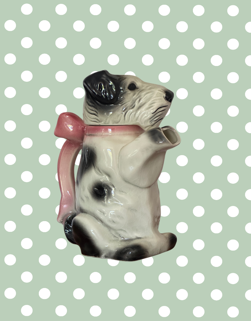 Enchanting Vintage Erphila Germany Dog 1940s Teapot | Highlt Collectable Black and White Scottie Terrier with Pink Bow