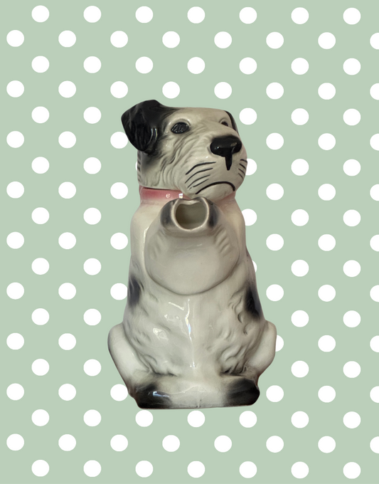 Front Facing View of Collectable Black and White Scottie Terrier with Pink Bow Teapot