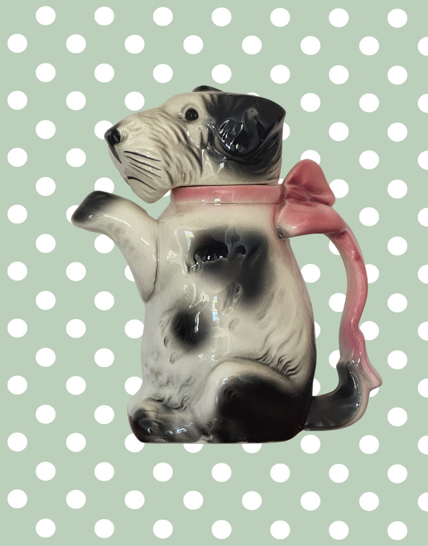 Enchanting Vintage Erphila Germany Dog 1940s Teapot | Highlt Collectable Black and White Scottie Terrier with Pink Bow