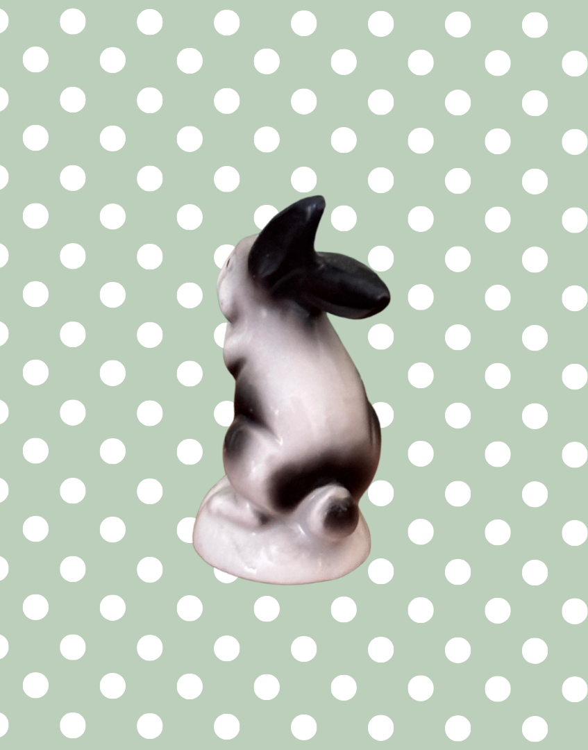 Rare 4cm Miniature Vintage Black & White Hand-Painted Ceramic Rabbit Figurine | 1930s or Earlier Collectable