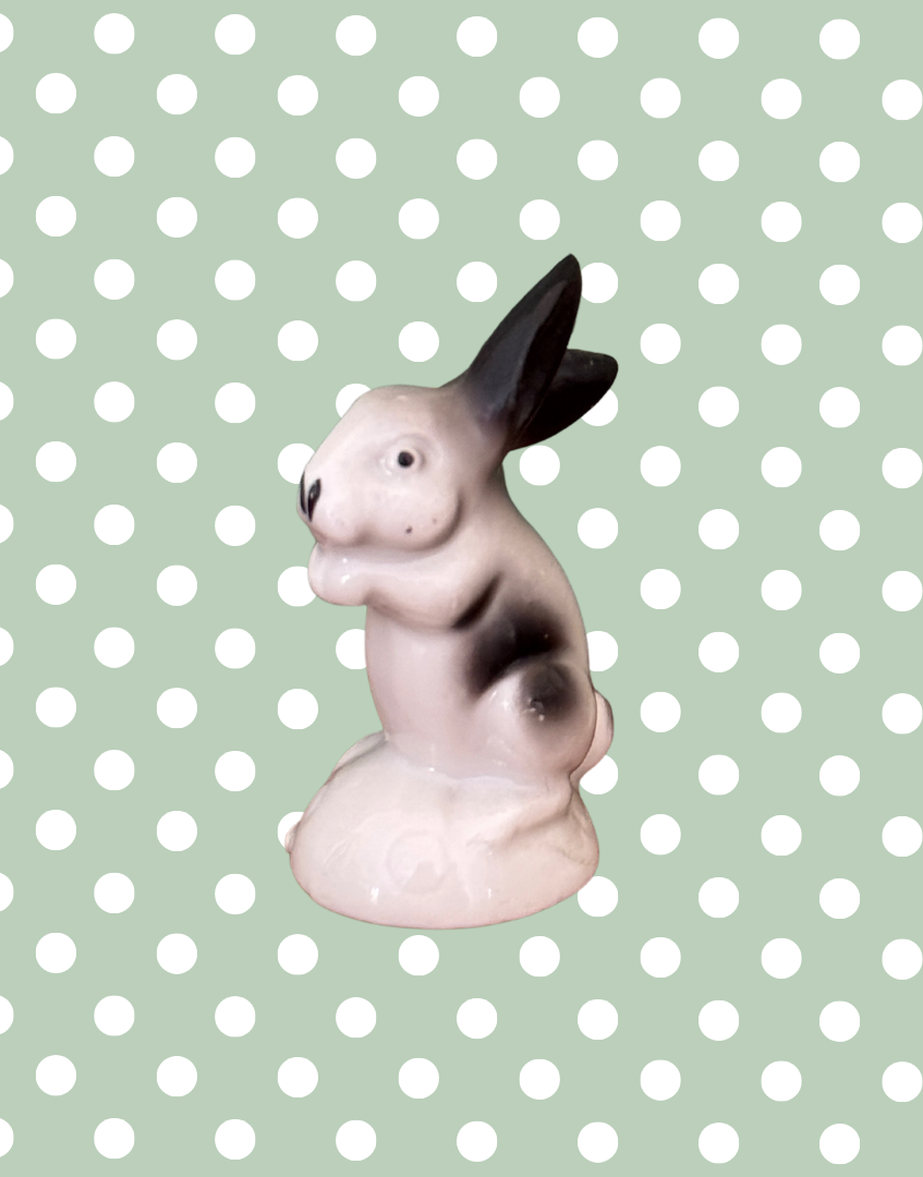 Rare 4cm Miniature Vintage Black & White Hand-Painted Ceramic Rabbit Figurine | 1930s or Earlier Collectable