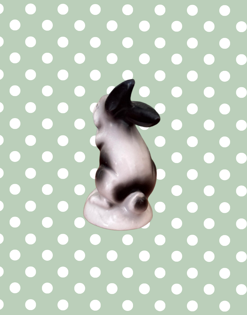 Rare 4cm Miniature Vintage Black & White Hand-Painted Ceramic Rabbit Figurine | 1930s or Earlier Colle