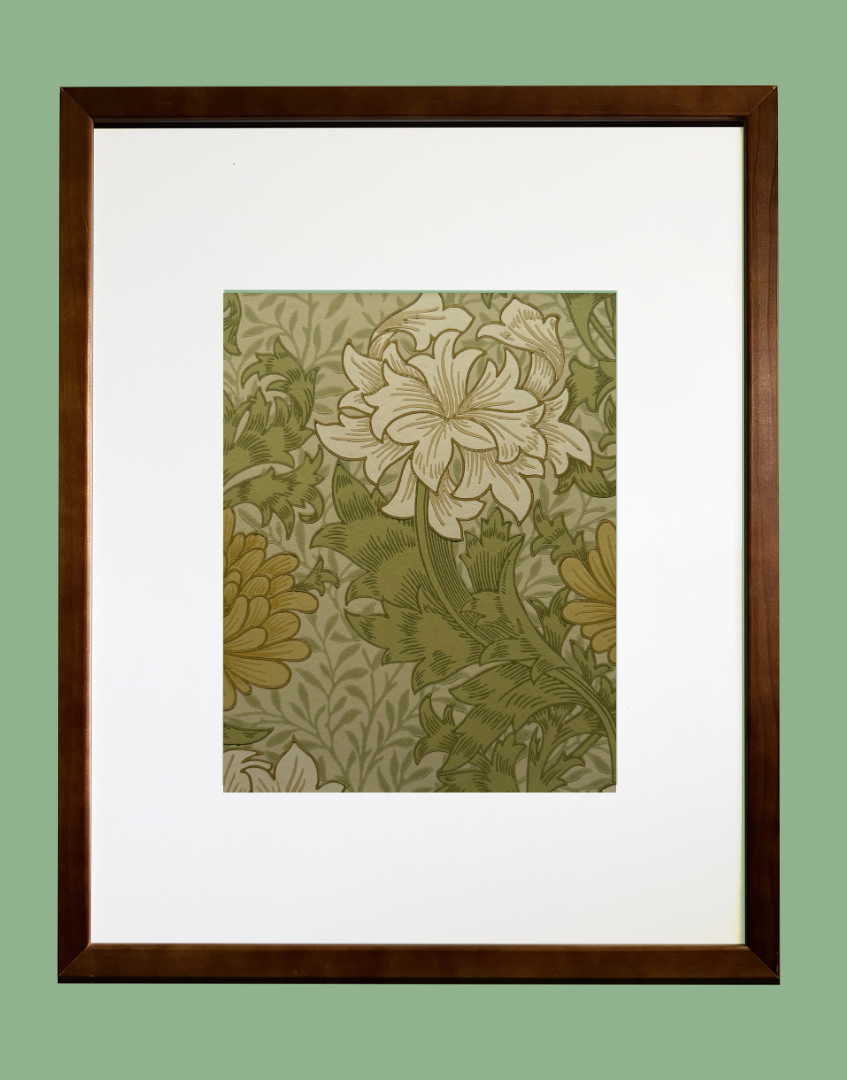 ‘Chrysanthemum – Pale Olive’ William Morris Unique Framed Print | Vintage Floral Unique Wallpaper Wall Art
