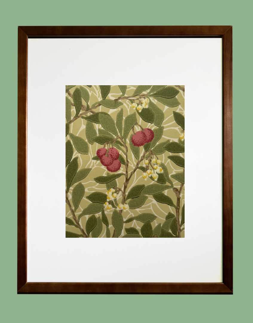 'Arbutus – Olive & Pink’ | Artfully Framed William Morris Wall Decor for Tranquil Interiors