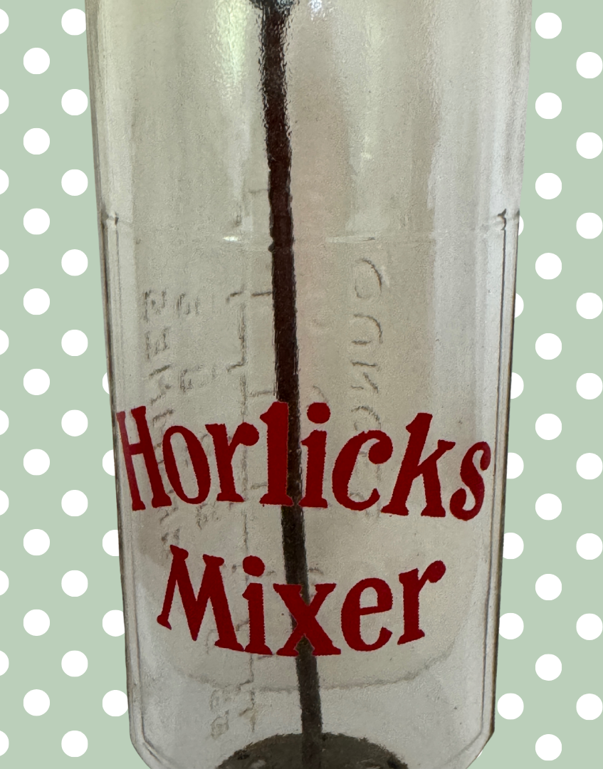 Vintage Horlicks Glass Mixer with Original Metal Tool | Retro British Kitchenalia Branding Collectable