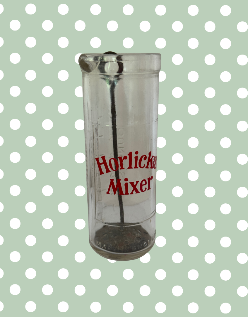 Vintage Horlicks Glass Mixer with Original Metal Tool | Retro British Kitchenalia Branding Collectable
