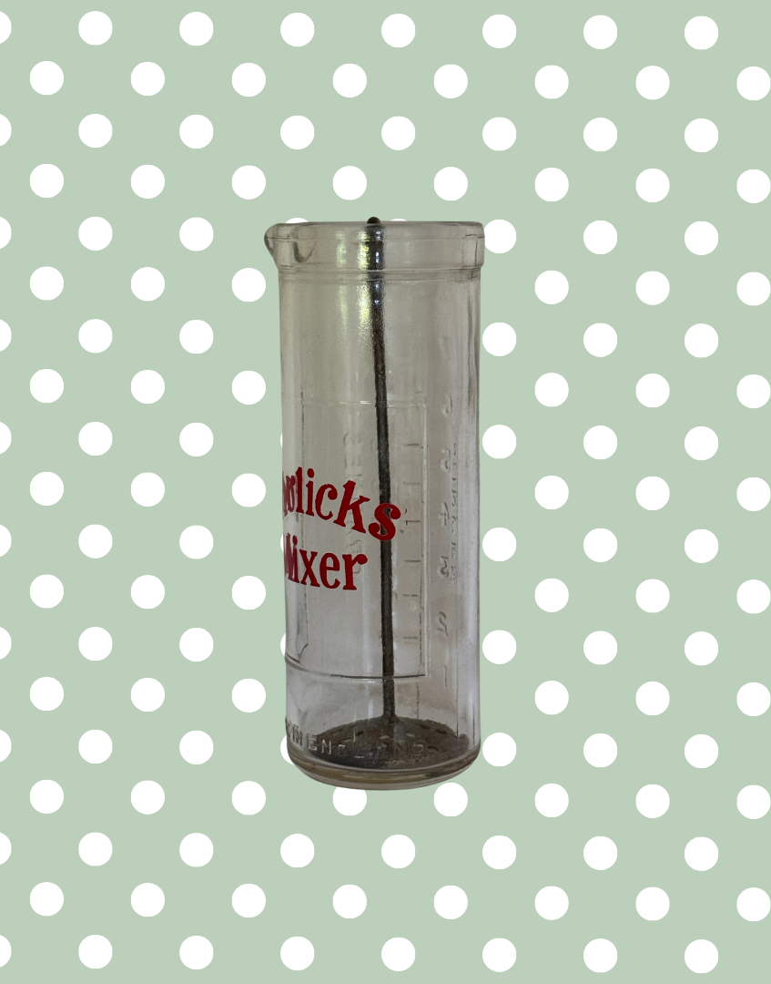 Vintage Horlicks Glass Mixer with Original Metal Tool | Retro British Kitchenalia Branding Collectable