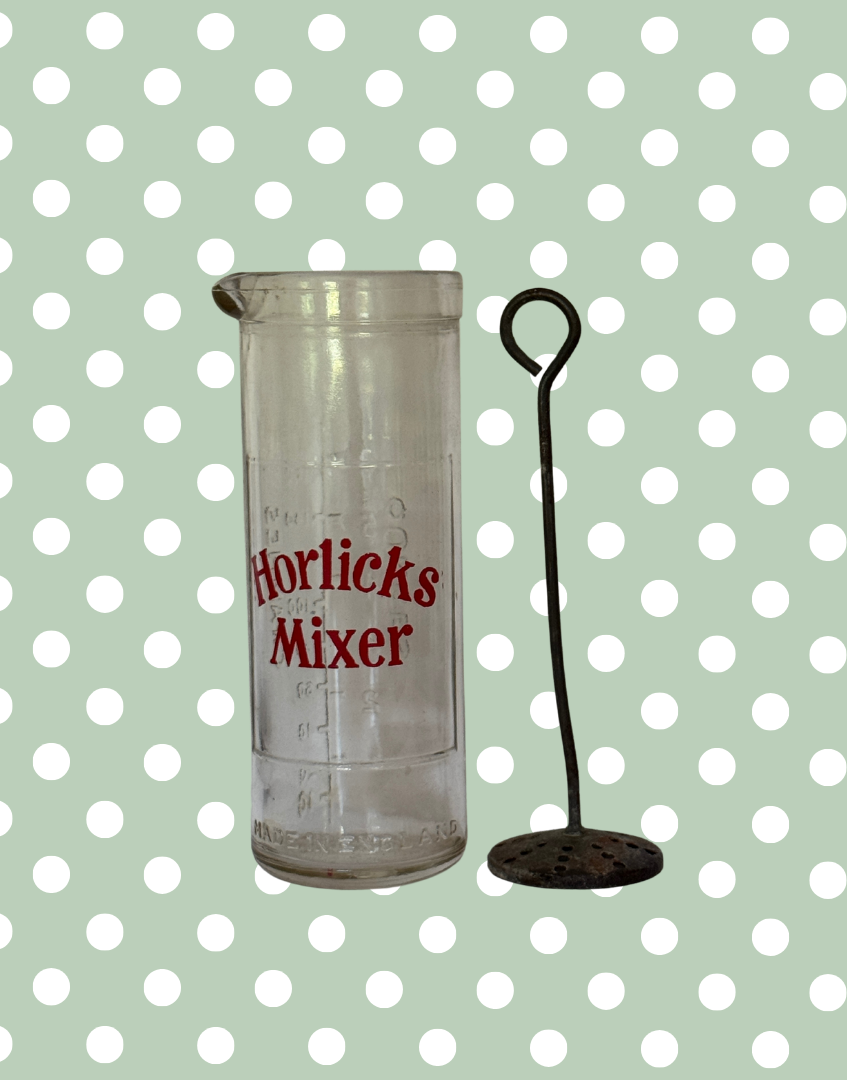 Vintage Horlicks Glass Mixer with Original Metal Tool | Retro British Kitchenalia Branding Collectable