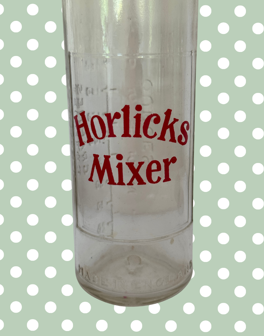 Vintage Horlicks Glass Mixer with Original Metal Tool | Retro British Kitchenalia Branding Collectable