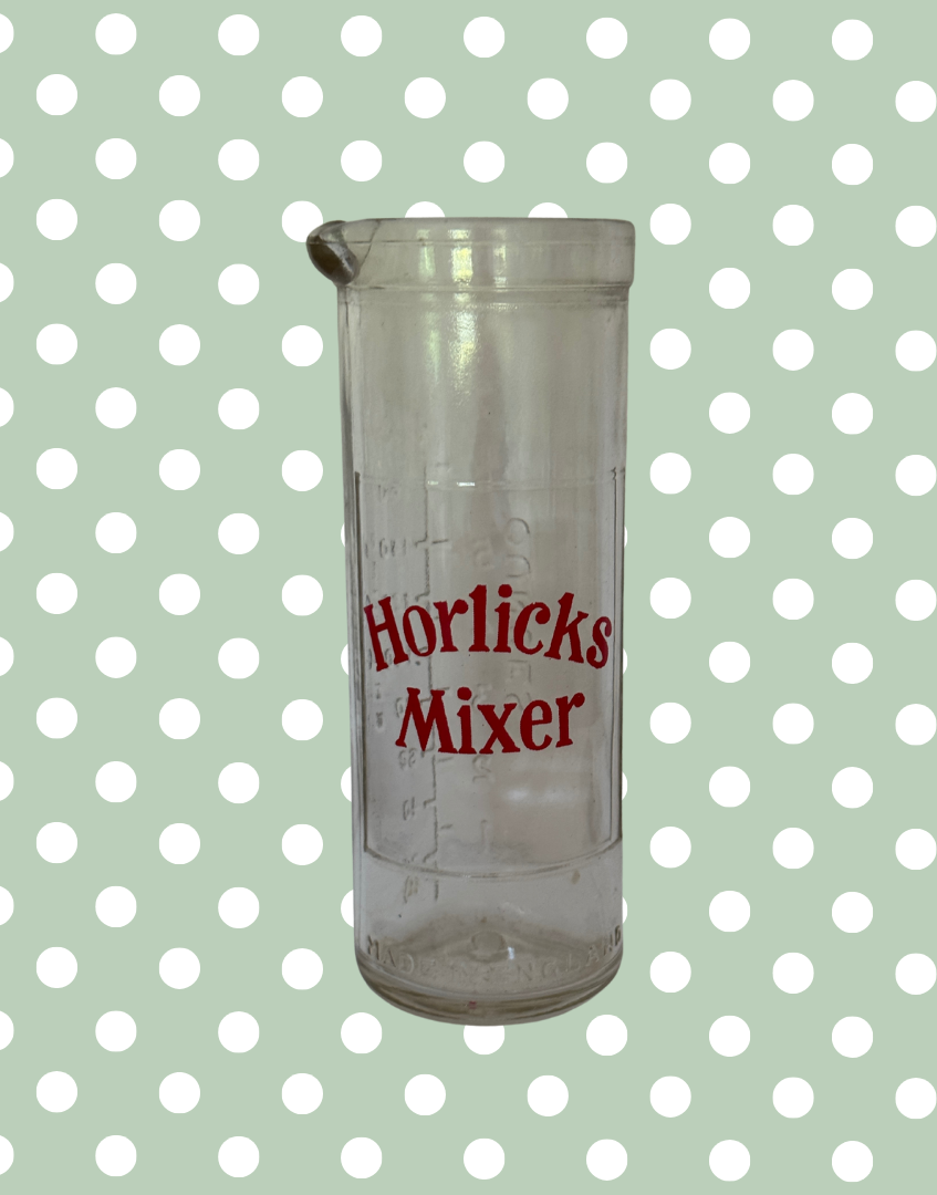 Vintage Horlicks Glass Mixer with Original Metal Tool | Retro British Kitchenalia Branding Collectable