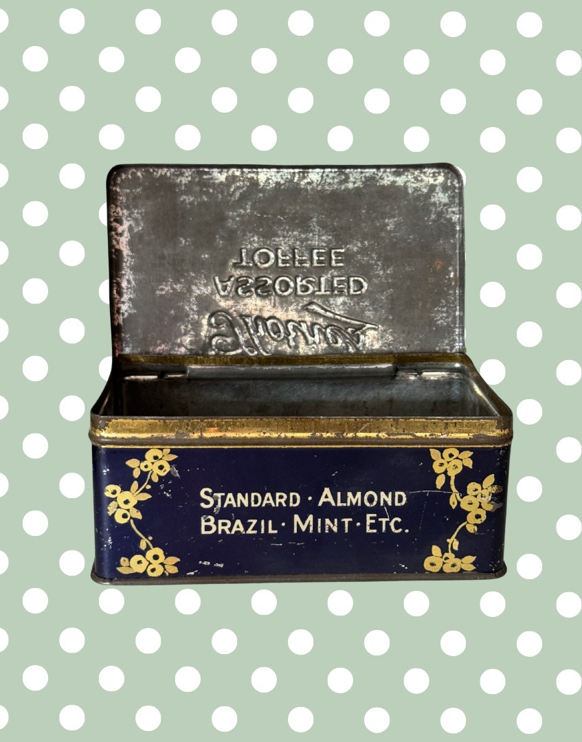 Whimiscal 1930s Thorne’s of Leeds Assorted Toffee Tin | Vintage Confectionery Advertising | Dark Quirky Nursery-Style Graphics
