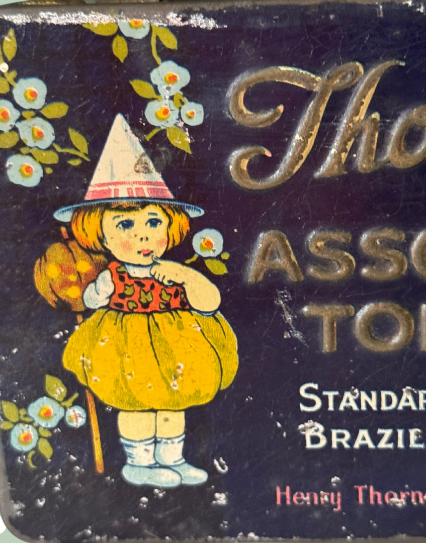 Whimiscal 1930s Thorne’s of Leeds Assorted Toffee Tin | Vintage Confectionery Advertising | Dark Quirky Nursery-Style Graphics