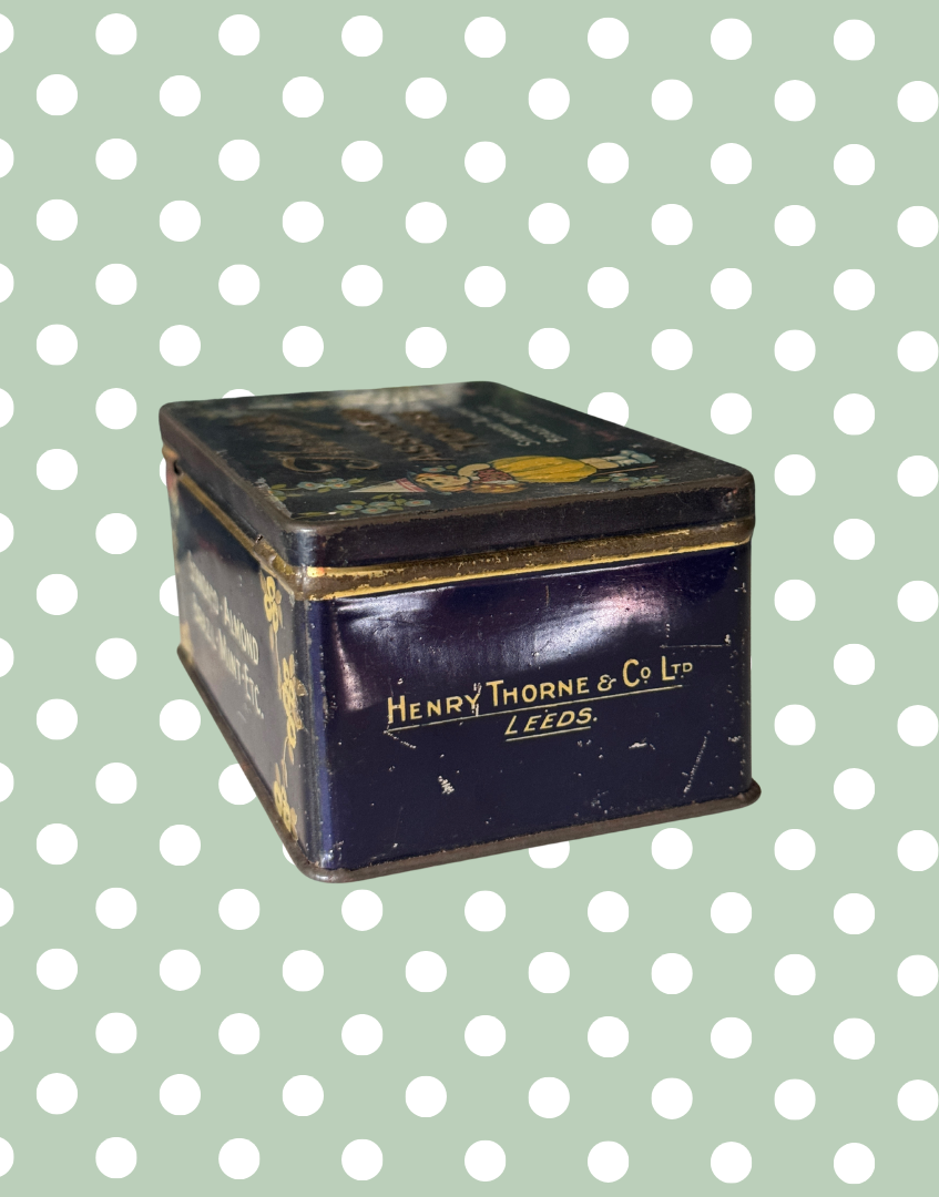 Whimiscal 1930s Thorne’s of Leeds Assorted Toffee Tin | Vintage Confectionery Advertising | Dark Quirky Nursery-Style Graphics