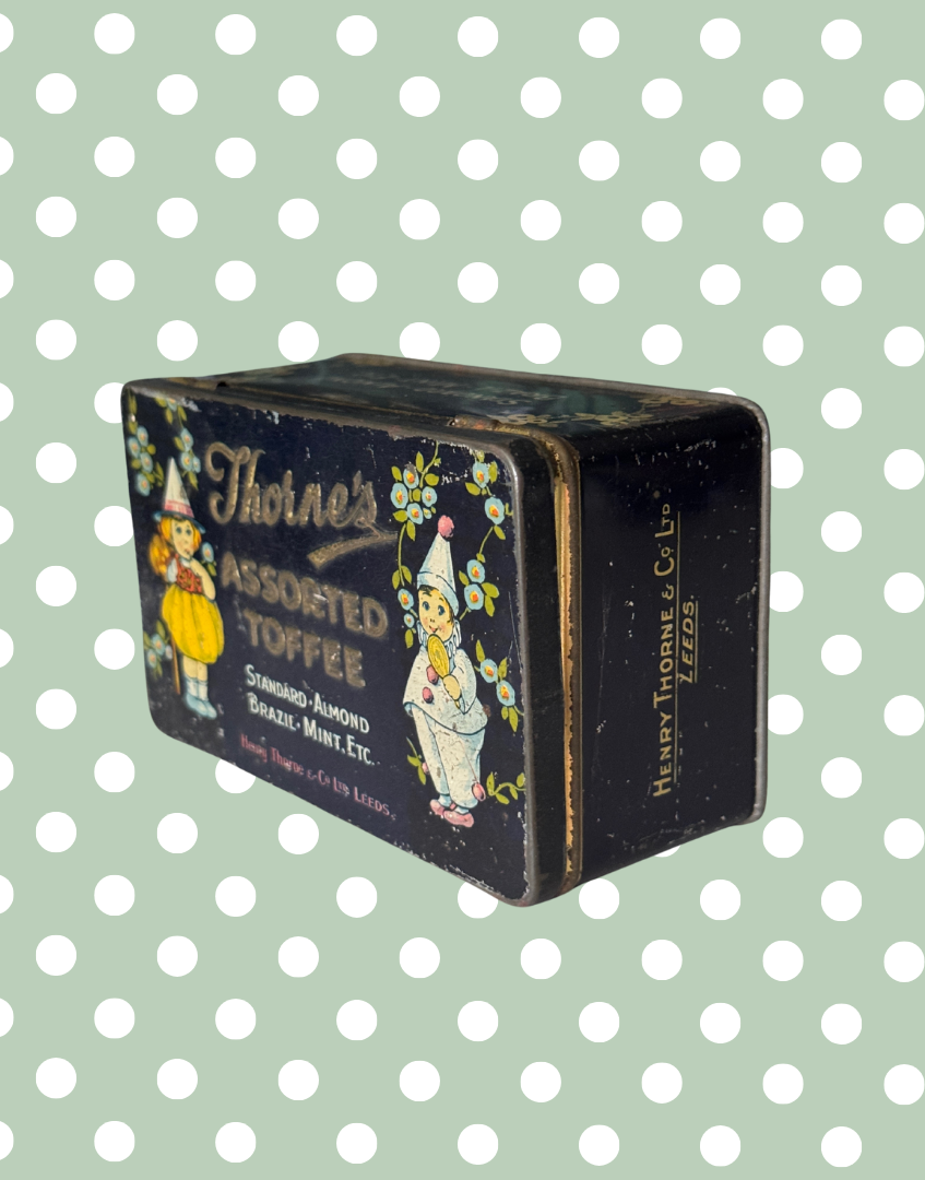 Whimiscal 1930s Thorne’s of Leeds Assorted Toffee Tin | Vintage Confectionery Advertising | Dark Quirky Nursery-Style Graphics