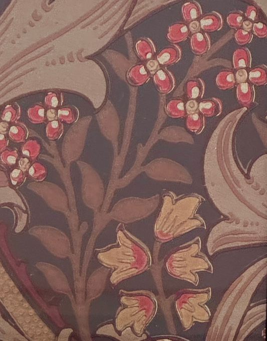 Close up of William Morris Golden Lily Framed Fig & Burnt Orange Floral Wallpaper Design
