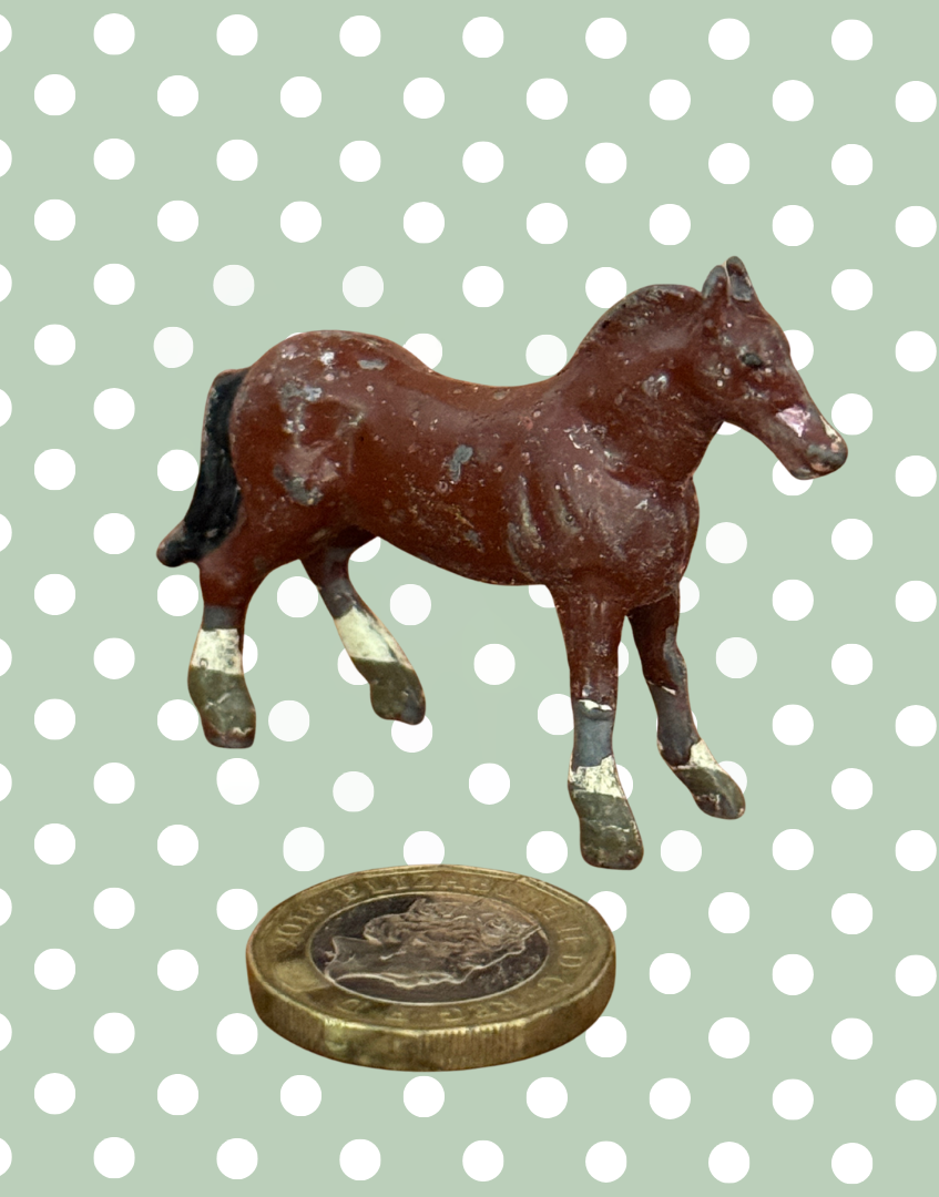 Standing Chestnut Brown Vintage Horse or Foal Figurine | 1920s John Hill & Co Lead Farm Toy Collectible