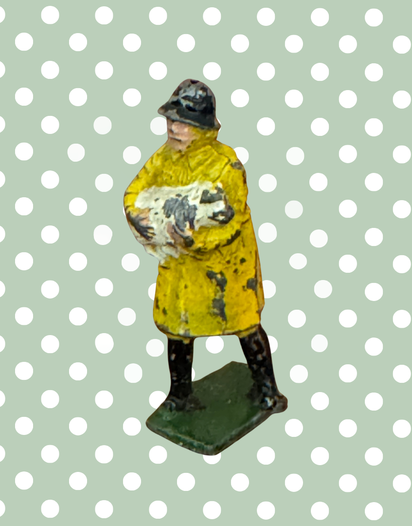 British Farmer Carrying Cream Sheep in Yellow Raincoat | 1920s Rare Britains Hand-Painted Lead Toy