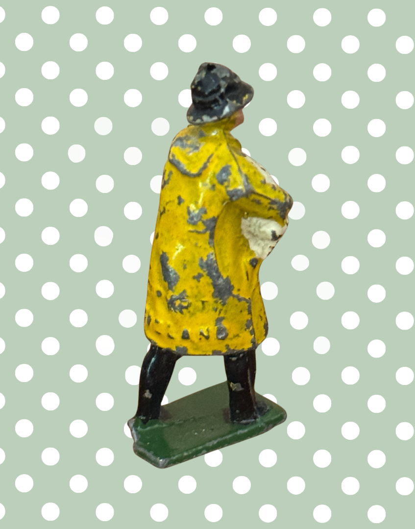 British Farmer Carrying Cream Sheep in Yellow Raincoat | 1920s Rare Britains Hand-Painted Lead Toy