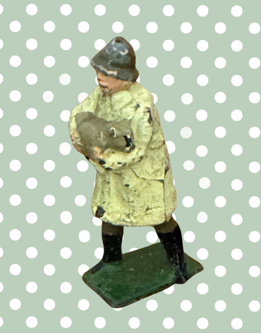Vintage British Farmer Carrying Light Grey Sheep in Beige Raincoat | 1920s Britains Lead Farmyard Toy