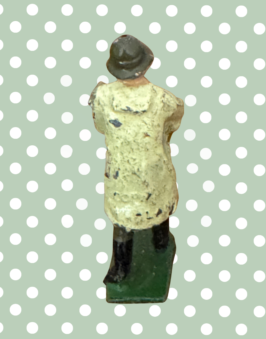 Vintage British Farmer Carrying Light Grey Sheep in Beige Raincoat | 1920s Britains Lead Farmyard Toy