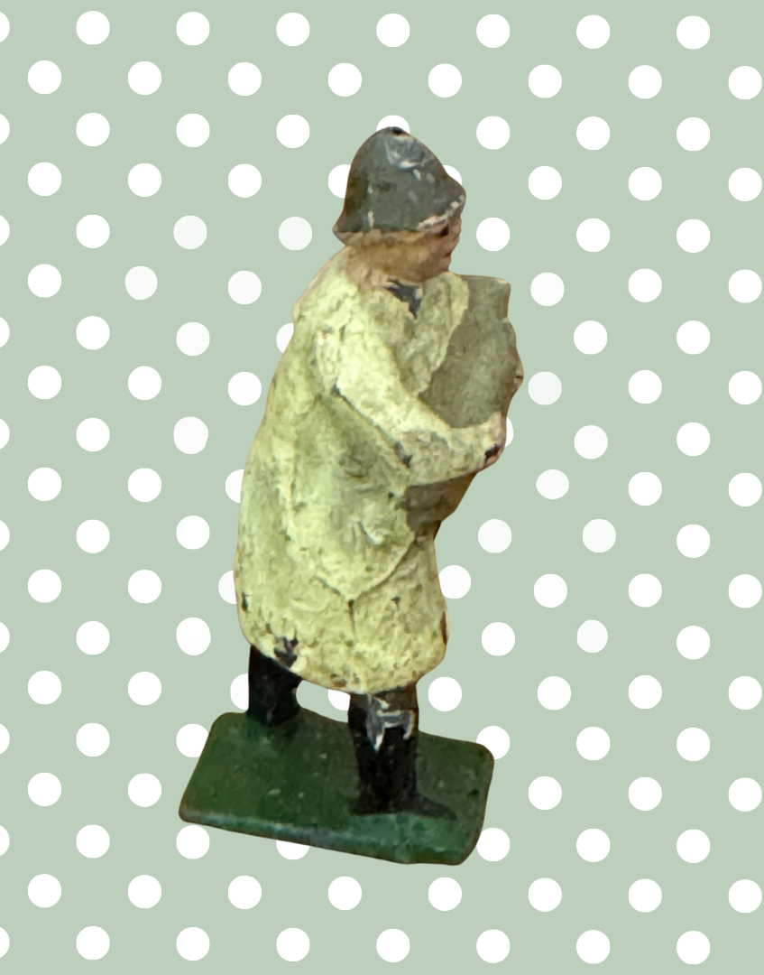 Vintage British Farmer Carrying Light Grey Sheep in Beige Raincoat | 1920s Britains Lead Farmyard Toy