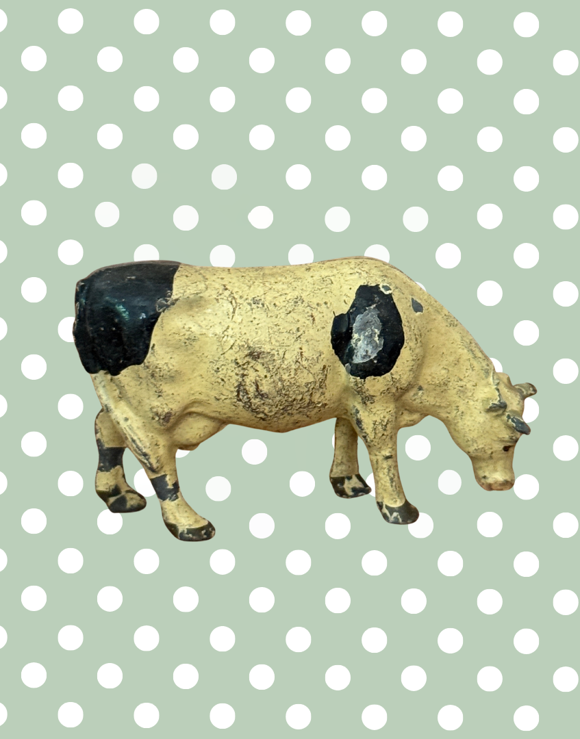 Cream and Brown Large Grazing Cow Vintage Figurine | 1920s Britains Hand-Painted Lead Farm Toy Collectible