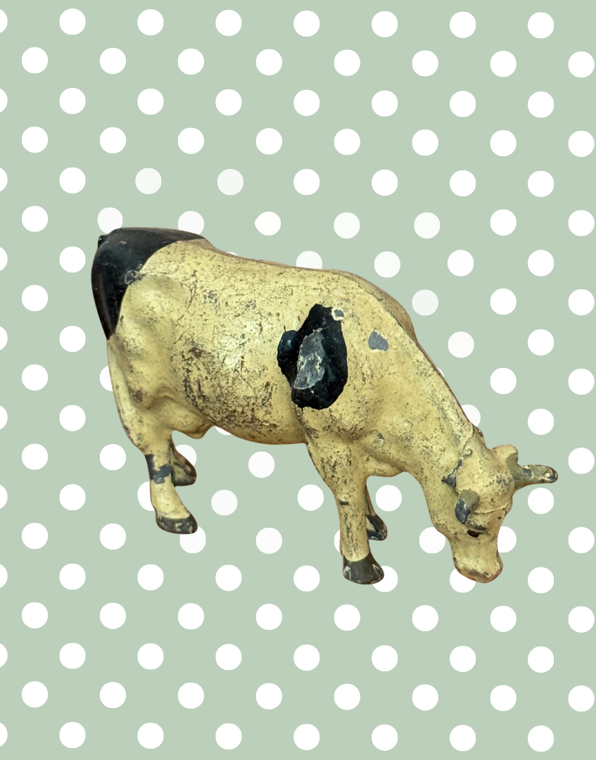 Vintage Cream and Black Large Grazing Cow | 1920s John Hill & Co Lead Farm Toy Collectible