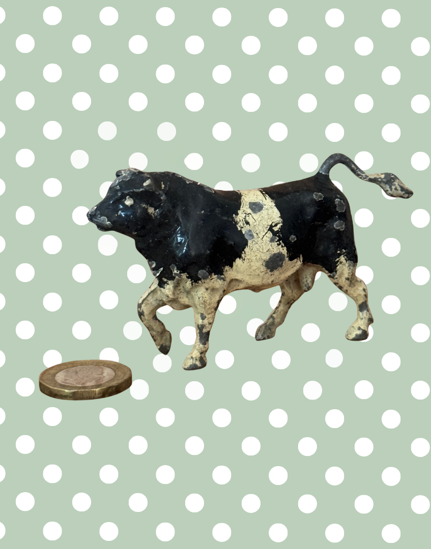 Rare Vintage Jaunty Large Black and White Bull | 1920s John Hill & Co Lead Farm Animal Collectible