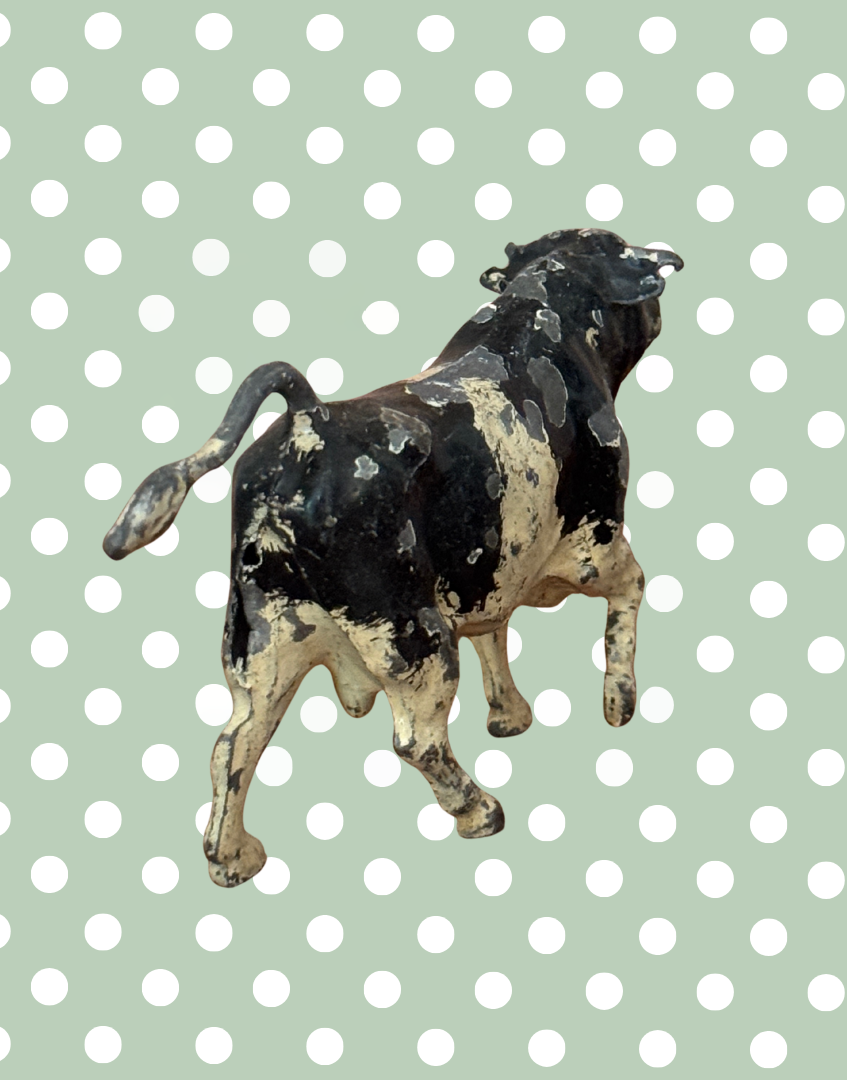 Rare Vintage Jaunty Large Black and White Bull | 1920s John Hill & Co Lead Farm Animal Collectible