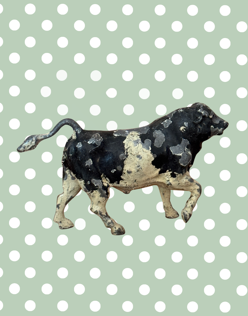 Rare Vintage Jaunty Large Black and White Bull | 1920s John Hill & Co Lead Farm Animal Collectible