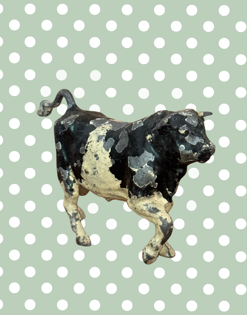 Rare Vintage Jaunty Large Black and White Bull | 1920s John Hill & Co Lead Farm Animal Collectible