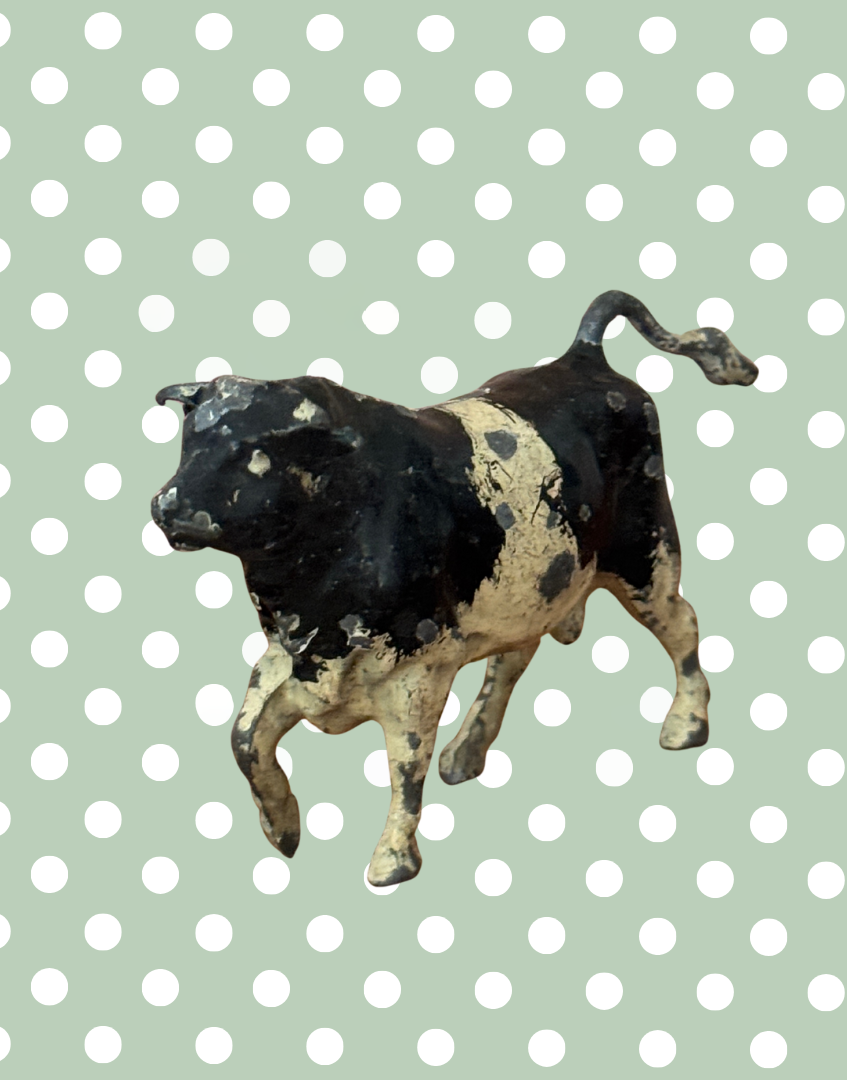 Rare Vintage Jaunty Large Black and White Bull | 1920s John Hill & Co Lead Farm Animal Collectible