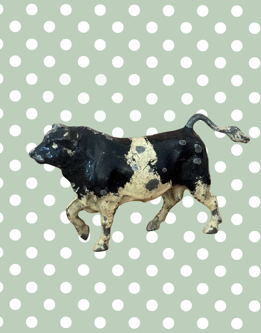 Rare Vintage Jaunty Large Black and White Bull | 1920s John Hill & Co Lead Farm Animal Collectible