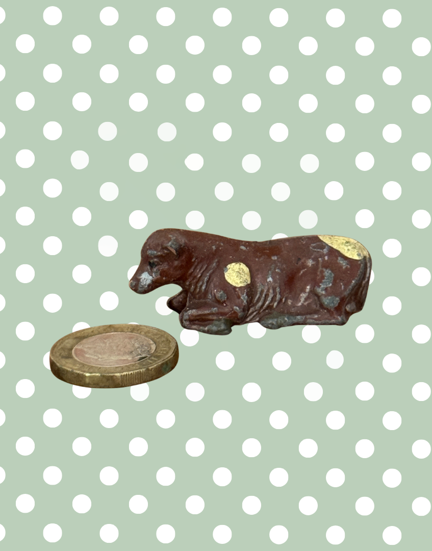 Medium Vintage Brown and Cream Laying Down Cow or Calf | 1920s John Hill & Co Lead Farm Toy Collectible