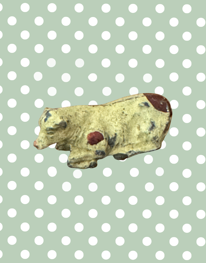 Beige and Brown Patched Laying Down Small Cow or Calf | John Hill & Co Lead Farm Toy Collectibles