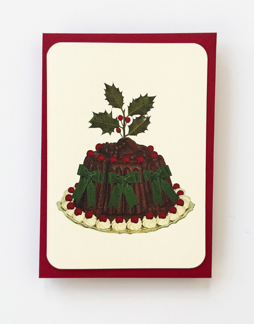 Christmas Plum Pudding Green Velvet Bows Greeting Card | Alexandra Simms for Canonbury Press
