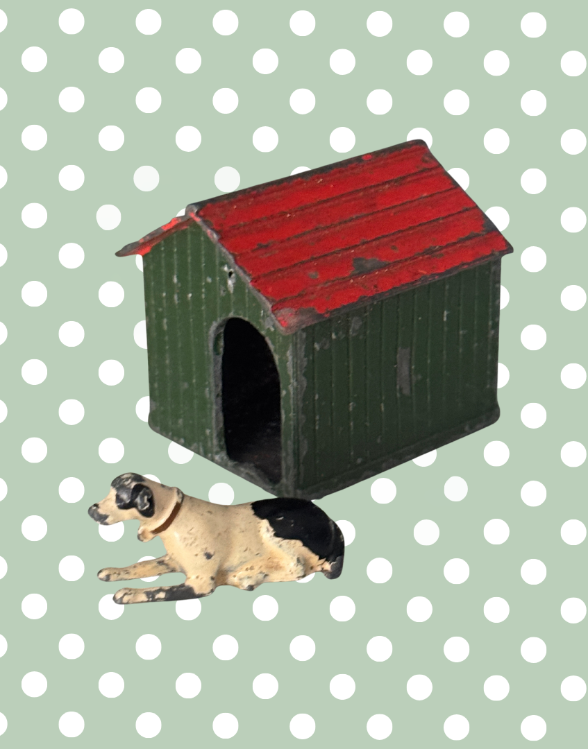 Britains Ltd Black and White Dog with Red Collar and Kennel | 1920s Vintage Lead Toy Collectable