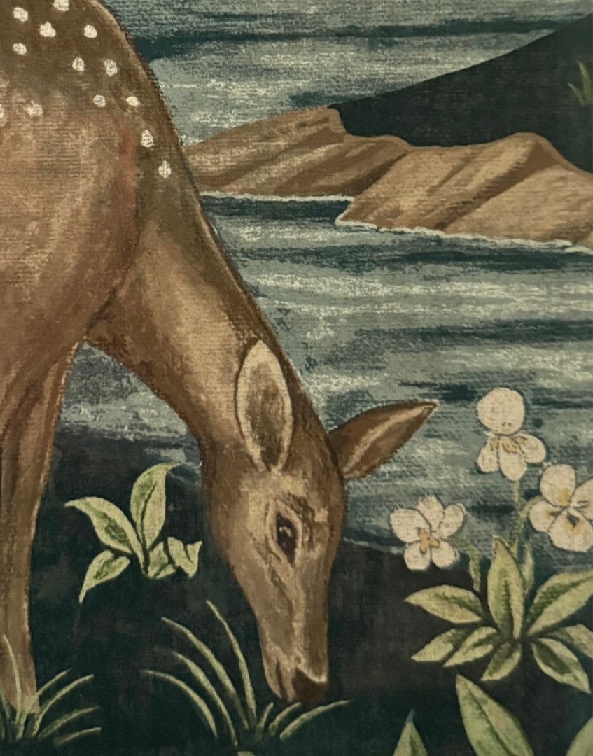 Tapestry style design of a pretty female deer grazing beside flowers by a woodland brook taken from William Morris classic design 'The Brook'