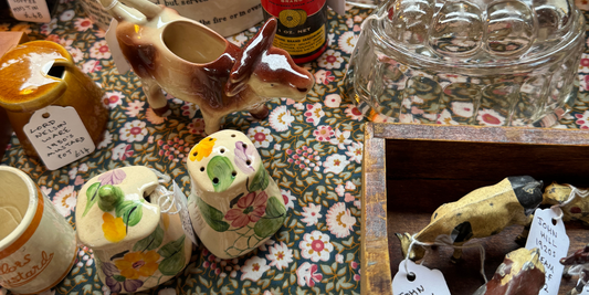 Antique and vintage collectables on display at Love Nicki x stall at Amble Creative Market, Gomshall, Surrey