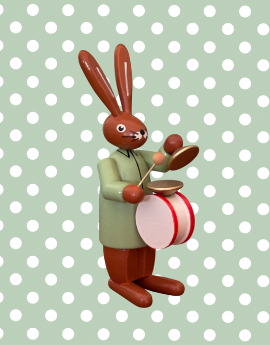Rudolphs Schatzkiste Style Easter Bunny Musician | Wood Composite Vintage Figurine with Drum