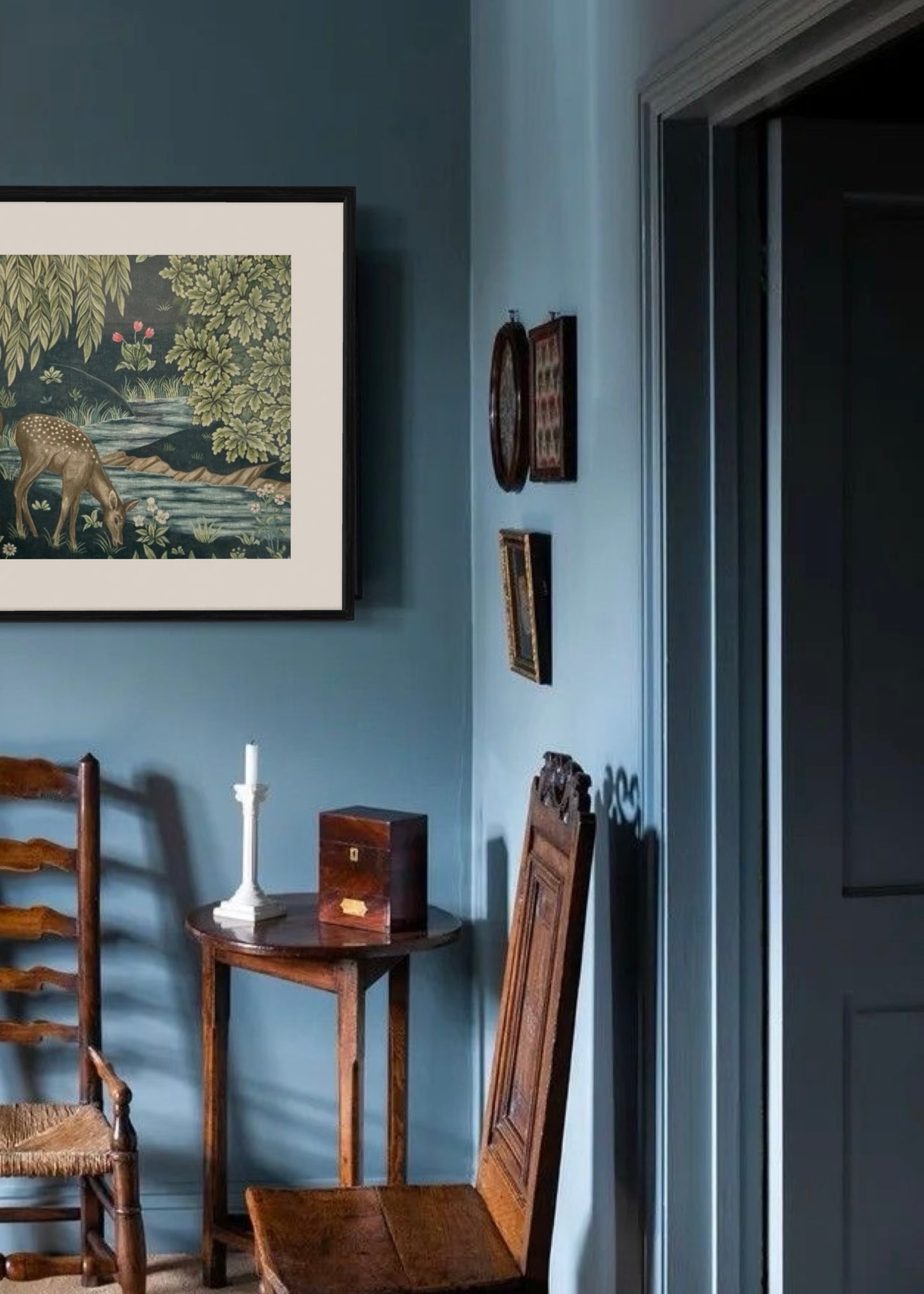 ‘The Brook - Indigo (Deer)’ Mounted Art Piece | William Morris Vintage Linen Wall Art | Large Custom Square Decor